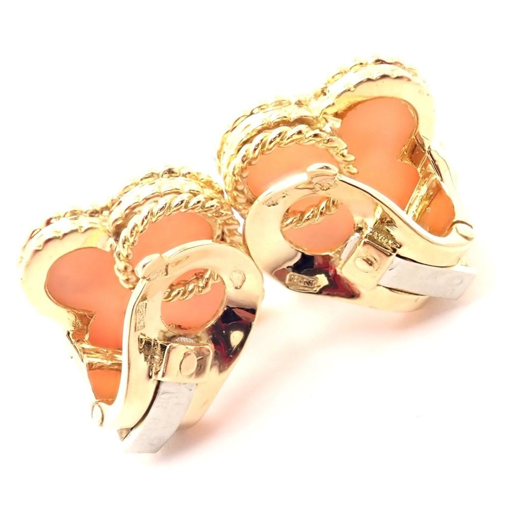 Van Cleef & Arpels Vintage Alhambra 18k Yellow Gold Angel Skin Coral Earrings - Picture 3 of 12